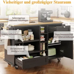 Îlots de Cuisine sur Roulettes avec Tiroirs et Étagères, Chariot de Cuisine Mobile en MDF, Noir et Plan Bois Clair, 129x46x92 cm