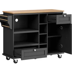 Îlots de Cuisine sur Roulettes avec Tiroirs et Étagères, Chariot de Cuisine Mobile en MDF, Noir et Plan Bois Clair, 129x46x92 cm