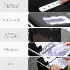 Machine à glaçon 120 W - capacité réservoir eau 1,8 L - capacité réservoir glace 0,8 Kg - cuillère et panier inclus - PP noir