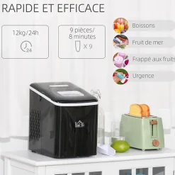 Machine à glaçon 120 W - capacité réservoir eau 1,8 L - capacité réservoir glace 0,8 Kg - cuillère et panier inclus - PP noir