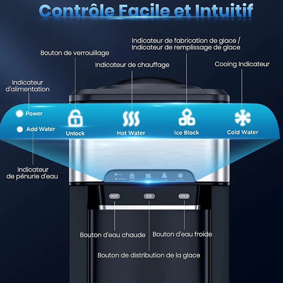 Machine à Glaçons 3 en 1 avec Glace 18KG 24H Eau Chaude et Froide Distributeur d eau avec Réservoir 3 L Contrôle Tactile