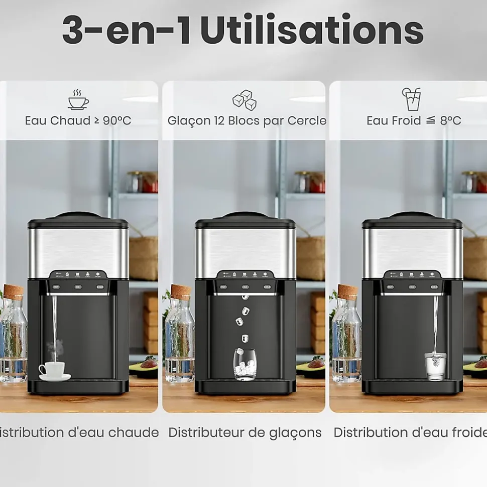 Machine à Glaçons 3 en 1 avec Glace 18KG 24H Eau Chaude et Froide Distributeur d eau avec Réservoir 3 L Contrôle Tactile