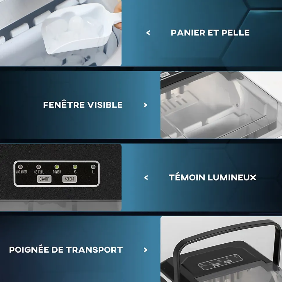 Machine à glaçons - 12Kg en 24H, 9 glaçons en 6-13 minutes - accessoires, nombreuses fonctions - noir