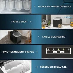 Machine à glaçons - 12Kg en 24H, 9 glaçons en 6-13 minutes - accessoires, nombreuses fonctions - noir