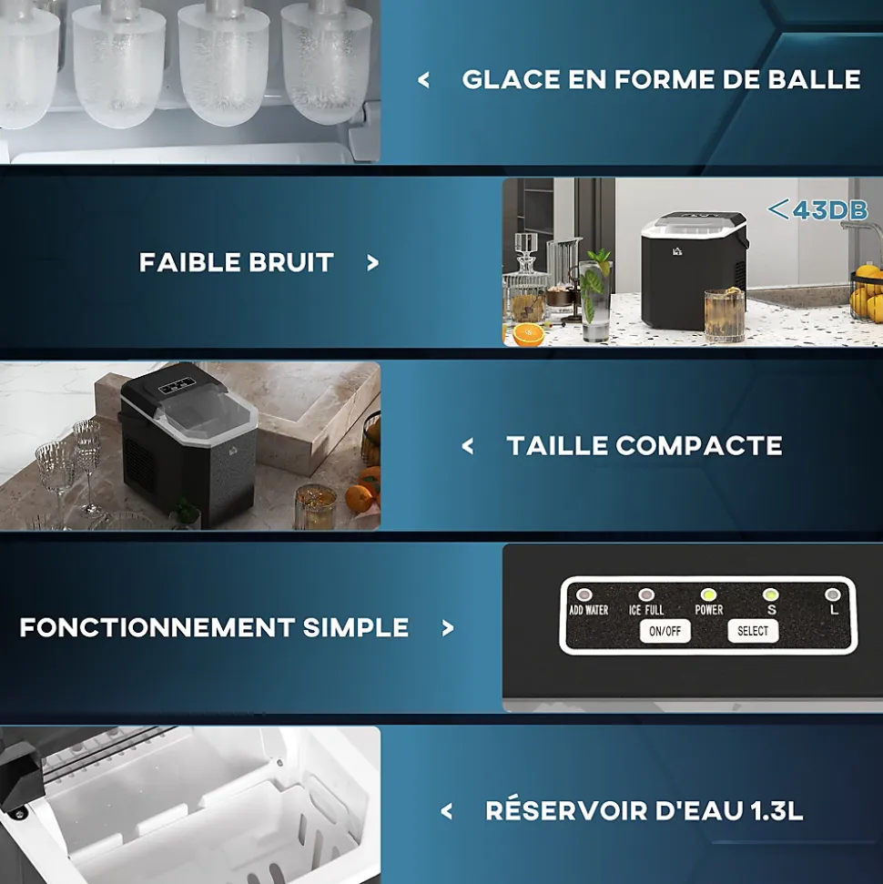 Machine à glaçons - 12Kg en 24H, 9 glaçons en 6-13 minutes - accessoires, nombreuses fonctions - noir