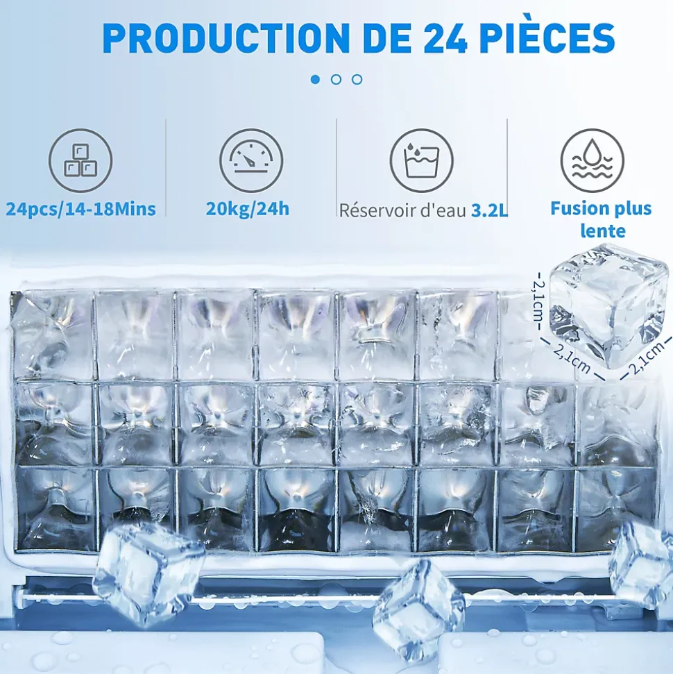 Machine à glaçons - 130W 3,2L 20Kg/24h 24 glaçons/14-18min - réservoir glace 1,2Kg - acier noir