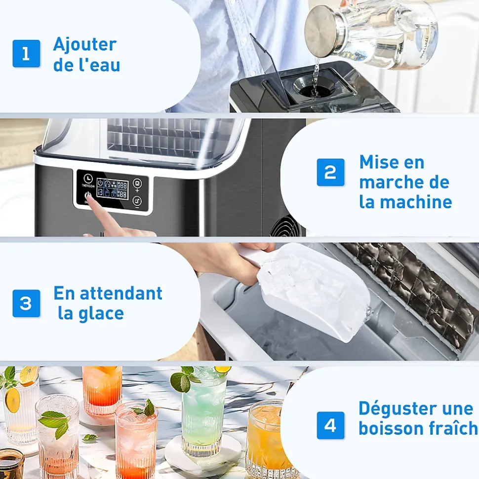 Machine à glaçons - 130W 3,2L 20Kg/24h 24 glaçons/14-18min - réservoir glace 1,2Kg - acier noir