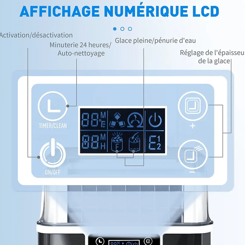 Machine à glaçons - 130W 3,2L 20Kg/24h 24 glaçons/14-18min - réservoir glace 1,2Kg - acier noir