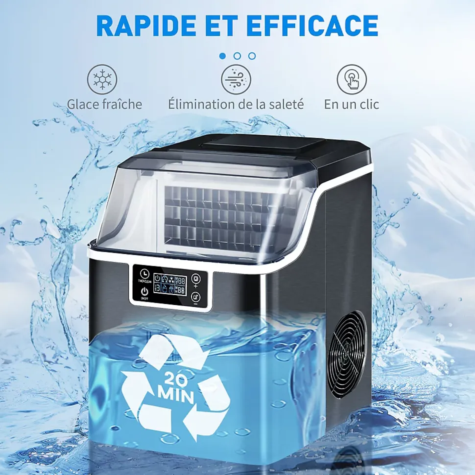 Machine à glaçons - 130W 3,2L 20Kg/24h 24 glaçons/14-18min - réservoir glace 1,2Kg - acier noir