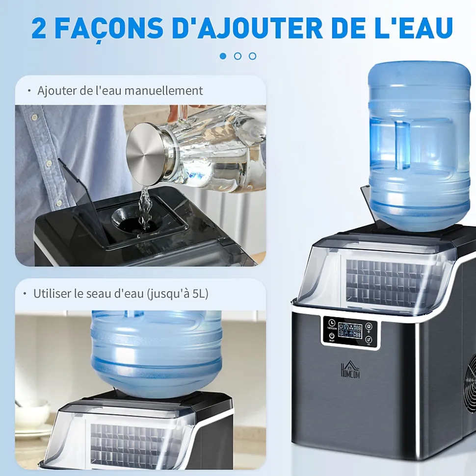 Machine à glaçons - 130W 3,2L 20Kg/24h 24 glaçons/14-18min - réservoir glace 1,2Kg - acier noir