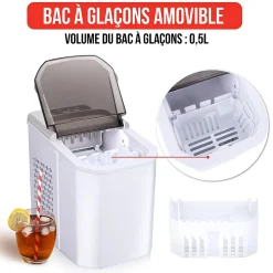 Machine à glaçons 112W Cycles de 9 glaçons 10 à 12 min 2 tailles Couvercle Transparent ALPINA