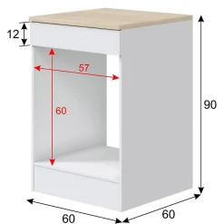 Meuble bas de cuisine avec plan de travail pour four coloris blanc brillant /chêne canadien - H. 90 x L. 60 x P. 60 cm