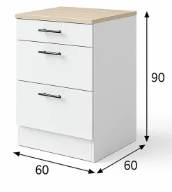 Meuble bas de cuisine de 3 tiroirs avec plan de travail coloris blanc brillant /chêne canadien