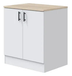 Meuble bas de cuisine sous évier 2 portes avec plan de travail coloris blanc brillant /chêne canadien - H. 90 x L. 80 x P. 60 cm