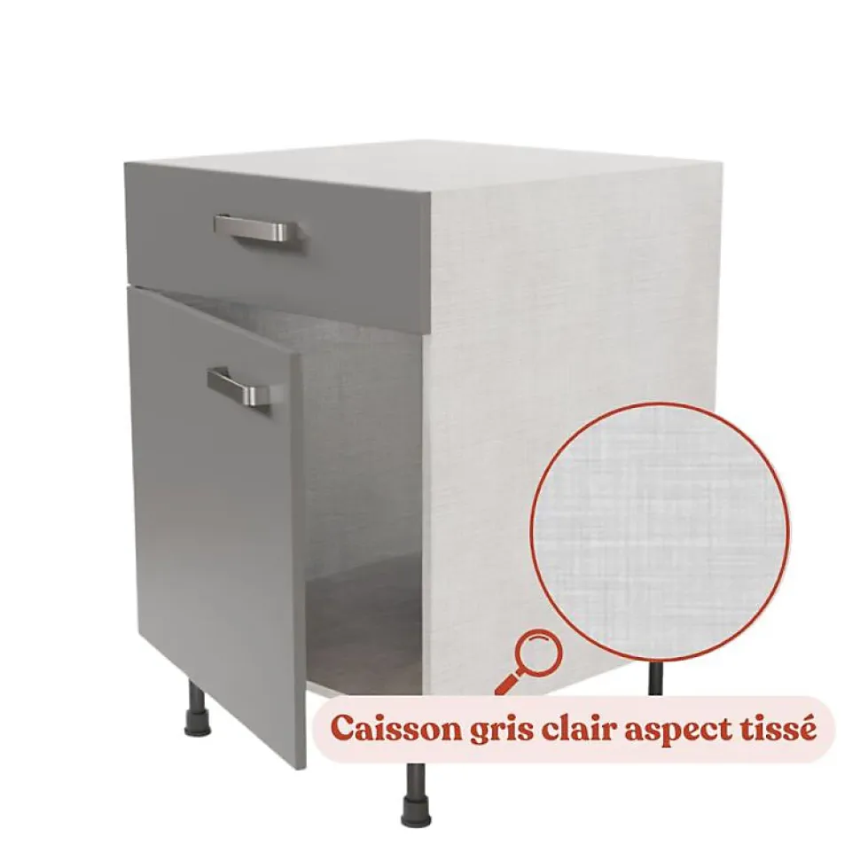 Meuble de cuisine bas - 1 porte + 1 tiroir - 60 cm - Caisson coloris Lino