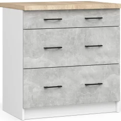 Meuble de cuisine bas AKORD S80 OLIWIA modulable Blanc 80 cm 3 tiroirs façade Béton 80x46x85 cm