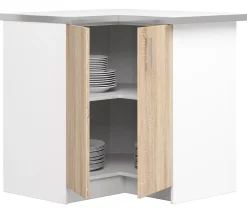 Meuble de cuisine bas AKORD S90 d'angle LIMA modul. Blanc 84 cm 2 portes façade Chêne Sonoma 2 étagères 84x44,5x85,5 cm
