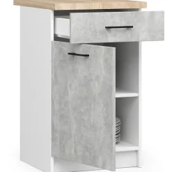 Meuble de cuisine bas AKORD S50 OLIWIA modulable Blanc 50 cm 1 porte 1 tiroir façade Béton 2 étagères 50x46x85 cm