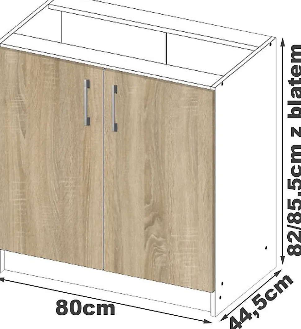Meuble de cuisine bas AKORD S80 LIMA modulable Blanc 80 cm 2 portes façade Chêne Sonoma 2 étagères 80x44,5x82 cm