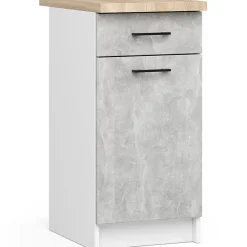 Meuble de cuisine bas AKORD S40 OLIWIA modulable Blanc 40 cm 1 porte 1 tiroir façade Béton 2 étagères 40x46x85 cm