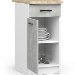 Meuble de cuisine bas AKORD S40 OLIWIA modulable Blanc 40 cm 1 porte 1 tiroir façade Béton 2 étagères 40x46x85 cm