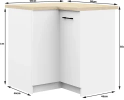 Meuble de cuisine bas AKORD S90 d'angle avec plan de travail OLIWIA Blanc 90 cm 2 portes façade Blanche 2 étagères 90x46x85 cm