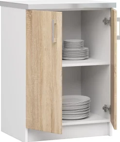 Meuble de cuisine bas AKORD S60 LIMA modulable Blanc 60 cm 2 portes façade Chêne Sonoma 2 étagères 60x44,5x82 cm