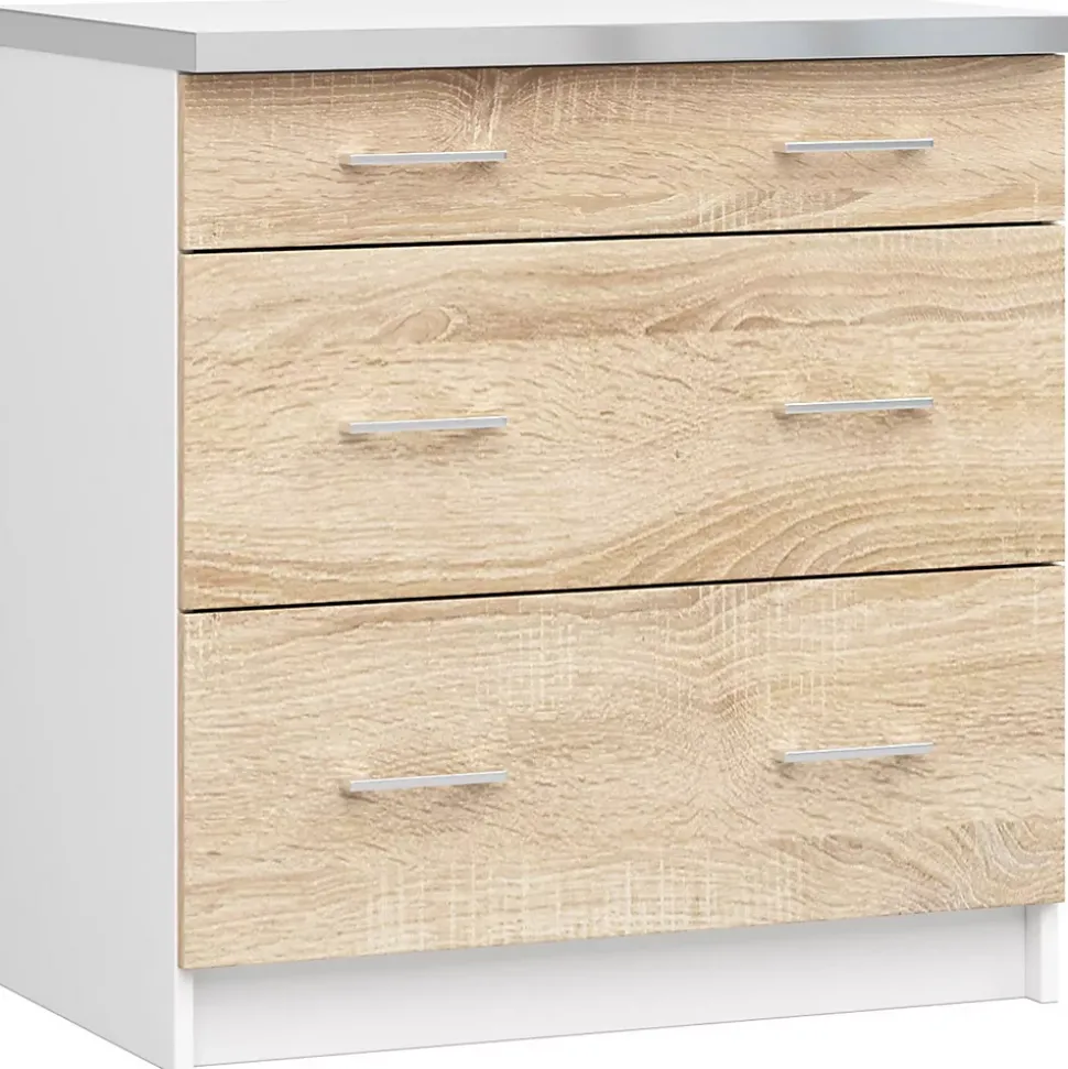 Meuble de cuisine bas AKORD S80 LIMA modulable Blanc 80 cm 3 tiroirs façade Chêne Sonoma 80x44,5x82 cm