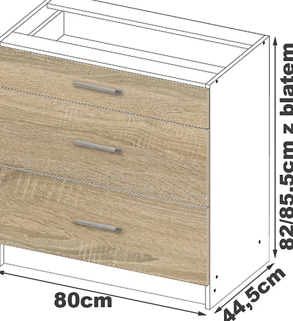 Meuble de cuisine bas AKORD S80 LIMA modulable Blanc 80 cm 3 tiroirs façade Chêne Sonoma 80x44,5x82 cm