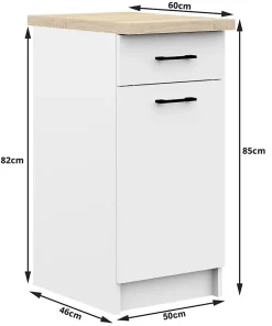 Meuble de cuisine bas AKORD S50 OLIWIA modulable Blanc 50 cm 1 porte 1 tiroir façade Blanche 2 étagères 50x46x85 cm