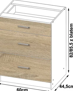 Meuble de cuisine bas AKORD S60 LIMA modulable Blanc 60 cm 3 tiroirs façade Chêne Sonoma 60x44,5x82 cm