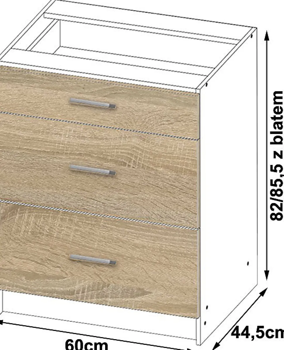 Meuble de cuisine bas AKORD S60 LIMA modulable Blanc 60 cm 3 tiroirs façade Chêne Sonoma 60x44,5x82 cm