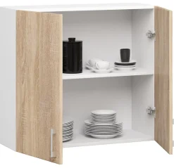 Meuble de cuisine haut AKORD W80 LIMA modulable Blanc 80 cm 2 portes façade Chêne Sonoma 2 étagères 80x30,5x72 cm