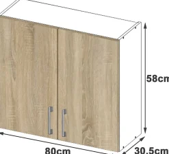 Meuble de cuisine haut AKORD W80 LIMA modulable Blanc 80 cm 2 portes façade Chêne Sonoma 2 étagères 80x30,5x58 cm