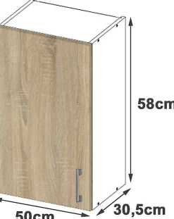 Meuble de cuisine haut AKORD W50 LIMA modulable Blanc 50 cm 1 porte façade Chêne Sonoma 2 étagères 50x30,5x58 cm