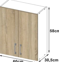 Meuble de cuisine haut AKORD W60 LIMA modulable Blanc 60 cm 2 portes façade Chêne Sonoma 2 étagères 60x30,5x58 cm