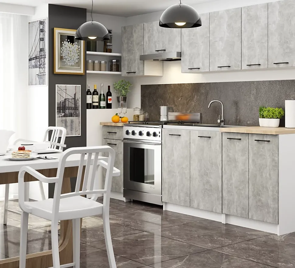 Meuble de cuisine haut AKORD W60 OLIWIA modulable Blanc 60 cm 2 portes façade Béton 2 étagères 60x30x58 cm