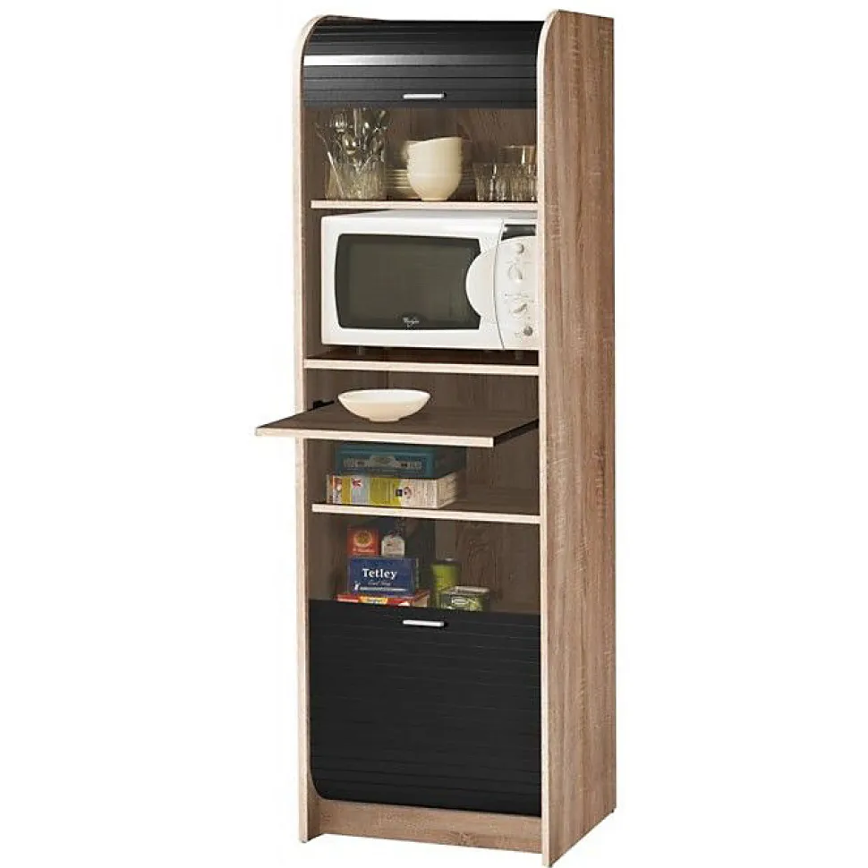 Meuble de Cuisine Micro-onde Chêne et Noir 6 Niches L 58,2 H 180,7 P 47 cm - L 58.2 x l 47 x H 180.7 cm