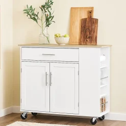 Meuble de Cuisine Mobile avec Plan de Travail et Tiroirs - Desserte à Roulettes Blanche