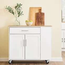 Meuble de Cuisine Mobile avec Plan de Travail et Tiroirs - Desserte à Roulettes Blanche