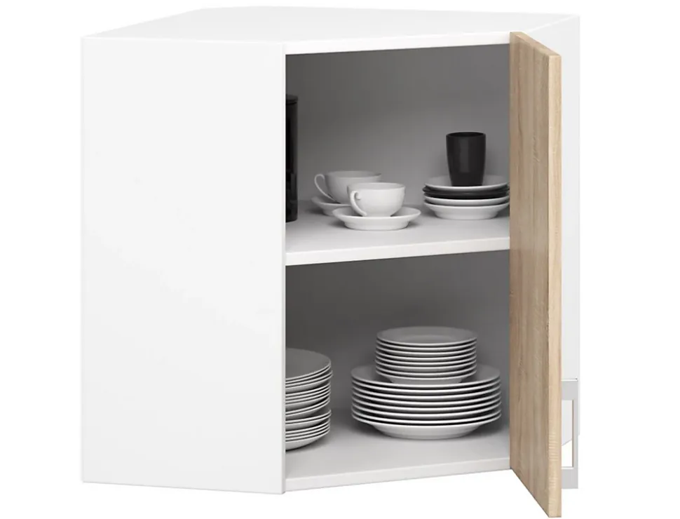 Meuble de cuisine suspendue d'angle : 1 porte, 2 étagères, blanc / Chêne Sonoma, 60 x 58 x 30,5 cm