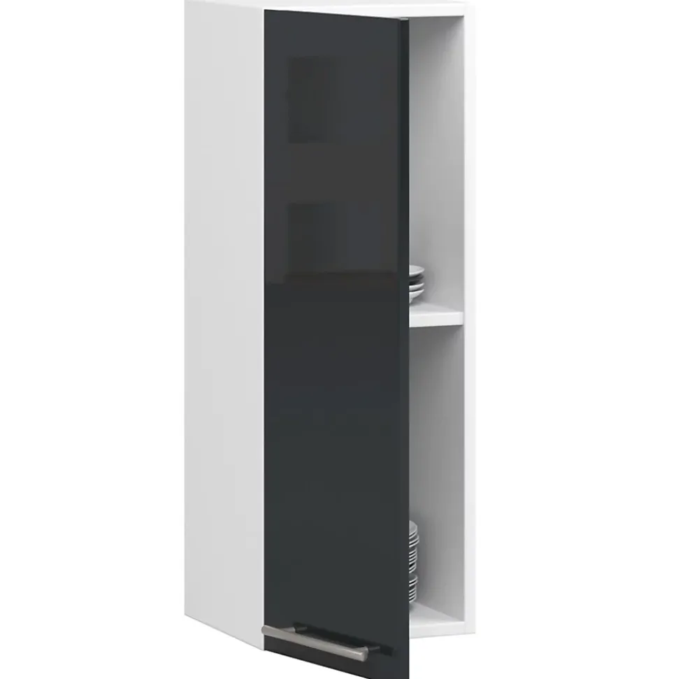 Meuble de cuisine suspendue : 1 porte, 2 étagères, blanc / graphite brillant, 30 x 72 x 30 cm