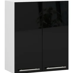 Meuble de cuisine suspendue : 2 portes, 2 étagères, blanc / noir brillant, 60 x 72 x 30 cm