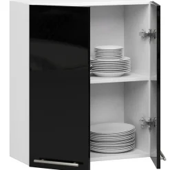 Meuble de cuisine suspendue : 2 portes, 2 étagères, blanc / noir brillant, 60 x 72 x 30 cm