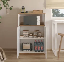 Meuble de rangement de cuisine coloris chêne Albar, blanc - Hauteur 124 x Longueur 80 x profondeur 40 cm