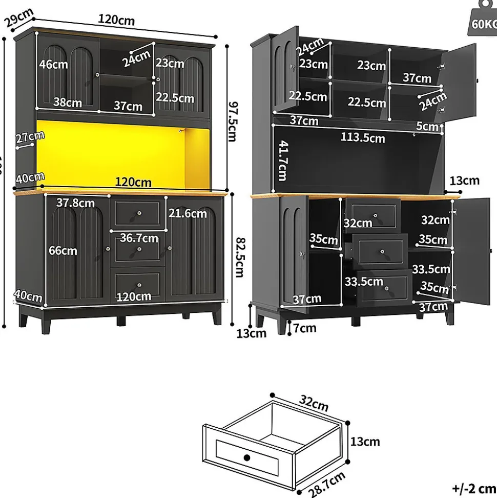 Meuble de salon haut de gamme avec éclairage LED, dimensions 120 x 40 x 180 cm, 4 portes, 3 tiroirs.
