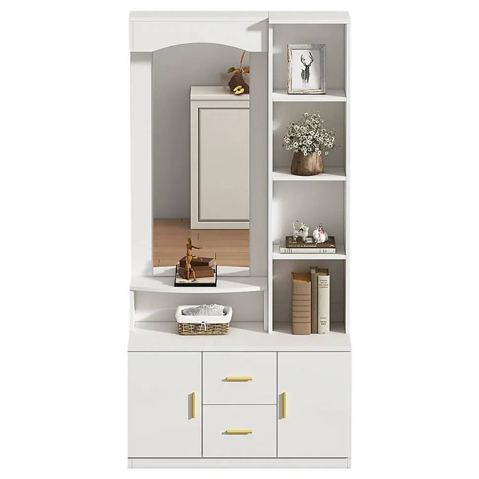 Meuble entrée 90x40x180 cm, rangement chaussures, miroir, 2 tiroirs, blanc