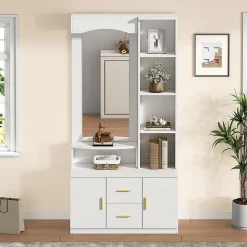 Meuble entrée 90x40x180 cm, rangement chaussures, miroir, 2 tiroirs, blanc