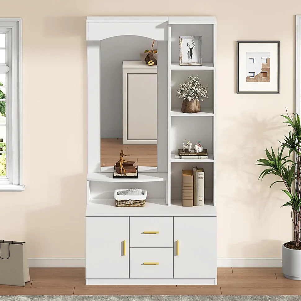 Meuble entrée 90x40x180 cm, rangement chaussures, miroir, 2 tiroirs, blanc