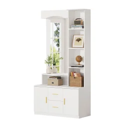 Meuble entrée 90x40x180 cm, rangement chaussures, miroir, 2 tiroirs, blanc